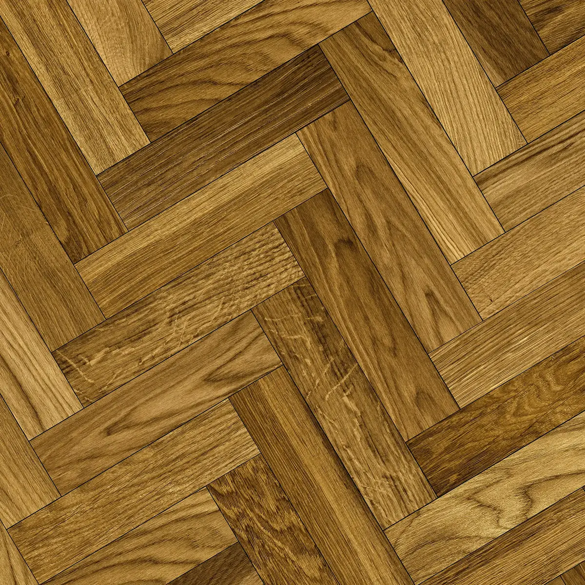 Wood-look flooring laid in a herringbone pattern, planks running at alternating angles