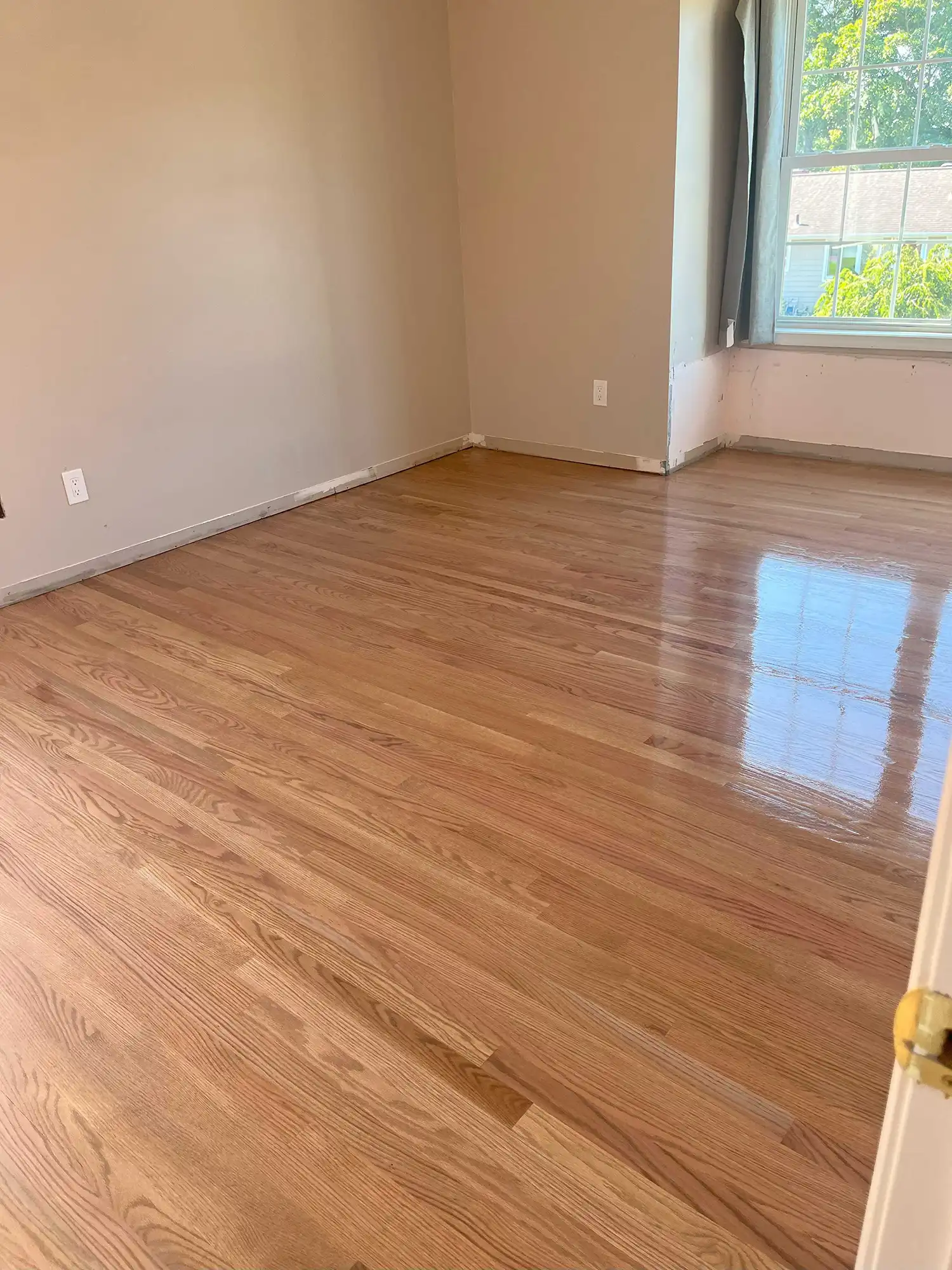 A repaired and refinished red oak floor reading as one surface